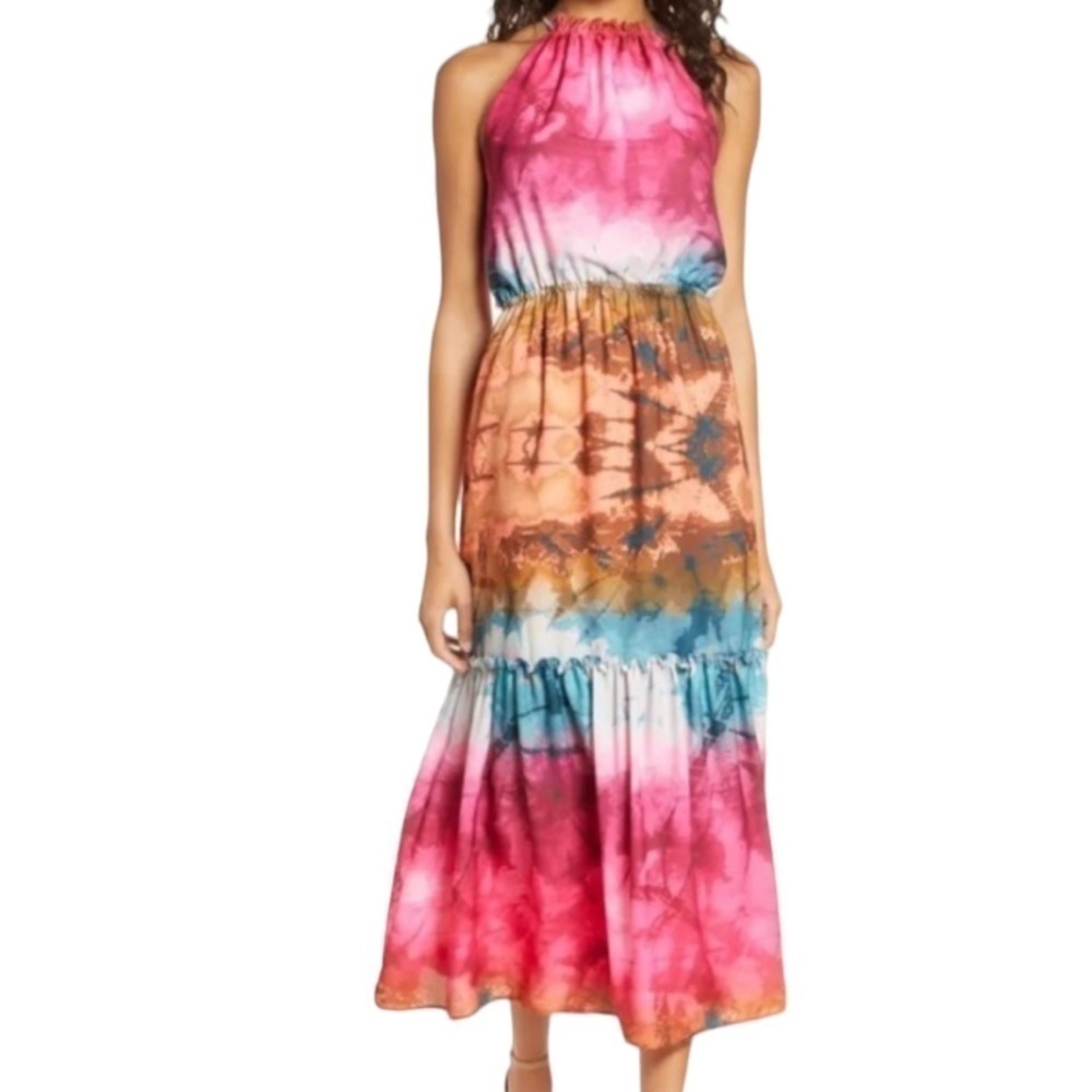 Adelyn Rae Dress Leyla Tie Dye Print Tiered Maxi Dress in Marigold Pink